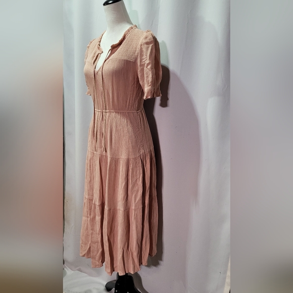 Sweet Wanderer Women's Pink Front Tie V-Neck Tiered Midi Dress Size Small EUC - Picture 4 of 9